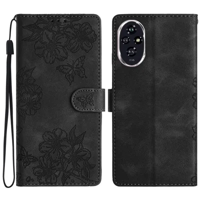 For Honor 200 Pro 5G Case Butterfly Flower Pattern Skin-Touch Leather Phone Cover - Black