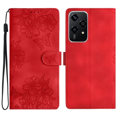 For Honor 200 Lite Case Butterfly Flower Pattern Skin-Touch Leather Phone Cover - Red