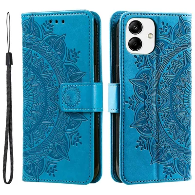 For Samsung Galaxy A04 4G (164.4 x 76.3 x 9.1 mm) Mandala Flower Pattern Imprinted Stand Case Shockproof PU Leather Wallet Phone Cover - Blue