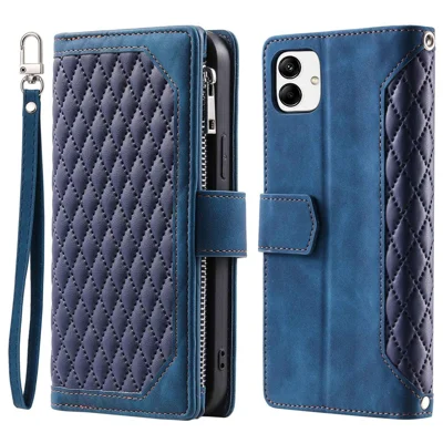 Für Samsung Galaxy A04 4G (164,4 x 76,3 x 9,1 mm) 005 Style PU-Leder magnetische Handtasche mit Rhombus-Muster, Reißverschlussfach, mehreren Kartensteckplätzen, Ständerfunktion und Umhängeriemen – Blau