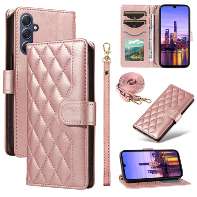 For Samsung Galaxy A18 5G / A18 4G A17 5G / A17 4G / A26 5G / A16 5G / A16 4G Case Wallet Rhombus Leather Phone Cover with Shoulder Strap, Wrist Strap - Rose Gold