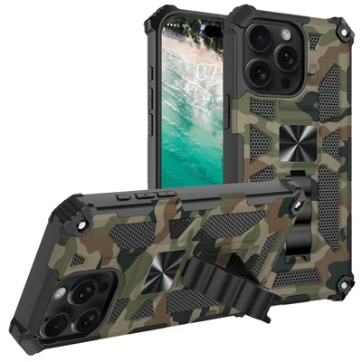 For iPhone 16 Pro Max Case Kickstand PC+TPU Camouflage Military Grade Phone Cover - Army Green