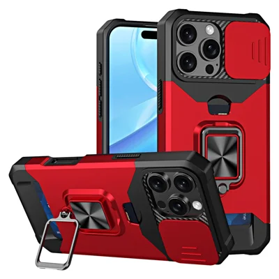 For iPhone 16 Pro Kickstand Case Slide Lens Lid PC+TPU Phone Cover with Card Slot - Red