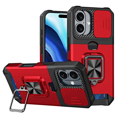 For iPhone 16 Kickstand Case Slide Lens Lid PC+TPU Phone Cover with Card Slot - Red