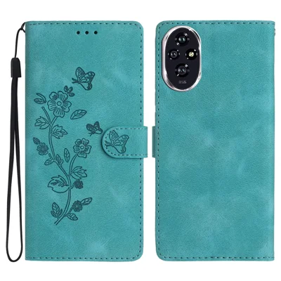 For Honor 200 Pro 5G Case Leather Imprinted Flower Phone Cover Wallet with Wrist Strap - Sky Blue