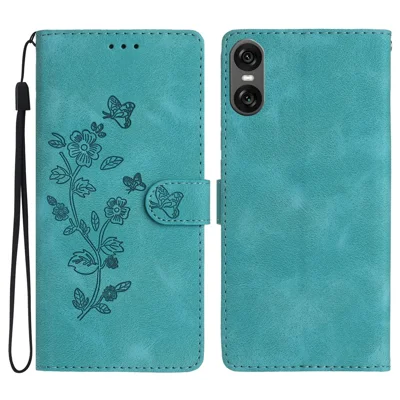 For Sony Xperia 10 VI Case Leather Imprinted Flower Phone Cover Wallet with Wrist Strap - Sky Blue