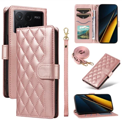 For Xiaomi Poco F6 Pro 5G / Redmi K70 5G / K70 Pro 5G Case Wallet Rhombus Leather Phone Cover with Shoulder Strap, Wrist Strap - Rose Gold