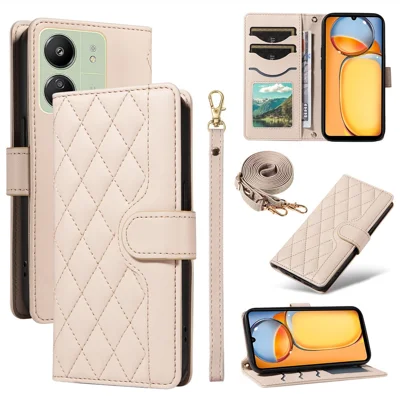 For Xiaomi Redmi 13C 5G / 13C 4G / 13R 5G /  Poco C65 4G / Poco M6 5G Case Wallet Rhombus Leather Phone Cover with Shoulder Strap, Wrist Strap - Apricot