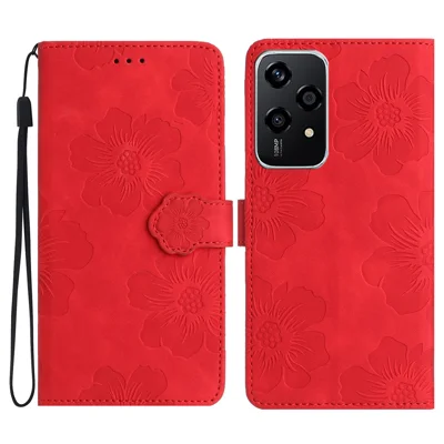 For Honor 200 Lite Case Flower Design Leather Wallet Phone Cover with Wrist Strap - Red