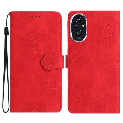 For Honor 200 Pro 5G Case Flower Design Leather Wallet Phone Cover with Wrist Strap - Red