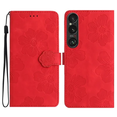 For Sony Xperia 1 VI Case Flower Design Leather Wallet Phone Cover with Wrist Strap - Red