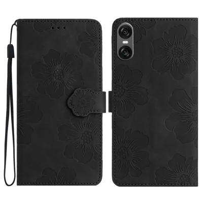 For Sony Xperia 10 VI Case Flower Design Leather Wallet Phone Cover with Wrist Strap - Black