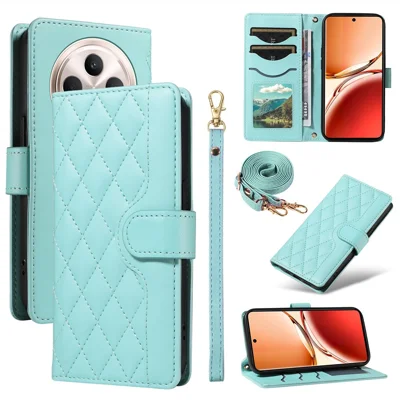 For Oppo Reno12 F 5G Case Wallet Rhombus Leather Phone Cover with Shoulder Strap, Wrist Strap - Green