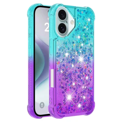 For iPhone 16 Plus TPU Case Gradient Quicksand Phone Back Cover - Sky Blue+Purple