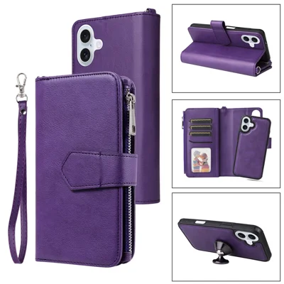 For iPhone 16 Plus Magnetic Leather Case Mobile Cover with Detachable Zipper Wallet Strap - Purple