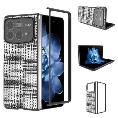 For Xiaomi Mix Fold 4 5G Case Leather+PC Phone Cover Plaid Texture - Black+White