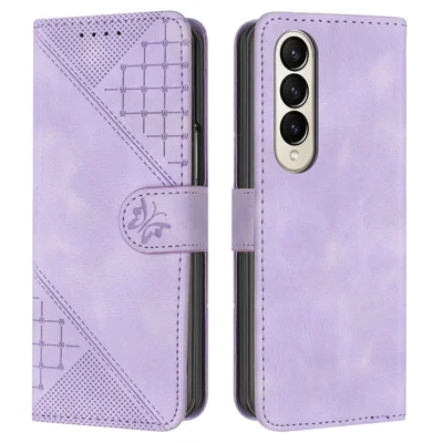 For Samsung Galaxy Z Fold3 5G Leather Wallet Case Butterfly Flower Imprinted Phone Cover with Strap - Light Purple