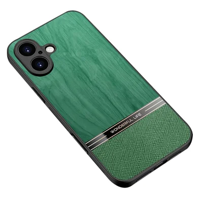 For iPhone 16 Case Wood Texture Leather Coated TPU Phone Protective Cover - Green