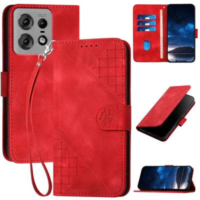 For Motorola Edge 50 Pro 5G Leather Wallet Case Butterfly Flower Imprinted Phone Cover with Strap - Red