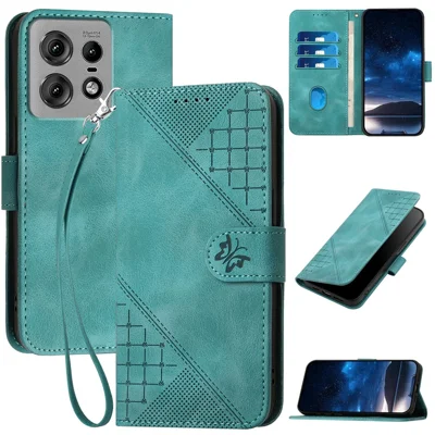 For Motorola Edge 50 Pro 5G Leather Wallet Case Butterfly Flower Imprinted Phone Cover with Strap - Baby Blue