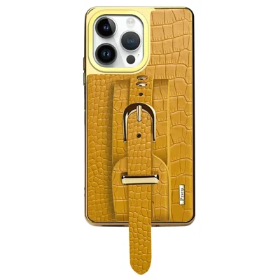 For iPhone 16 Pro Max Case Crocodile Texture PU Leather+TPU Electroplating Phone Cover Wristband Kickstand - Yellow