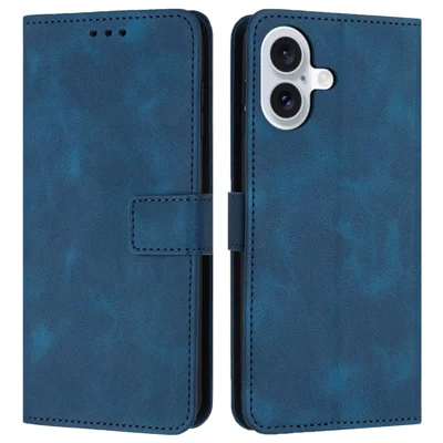 Voor iPhone 16 Leren Hoesje Effen Kleur Portemonnee Beschermlaag voor de Telefoon - Blauw
