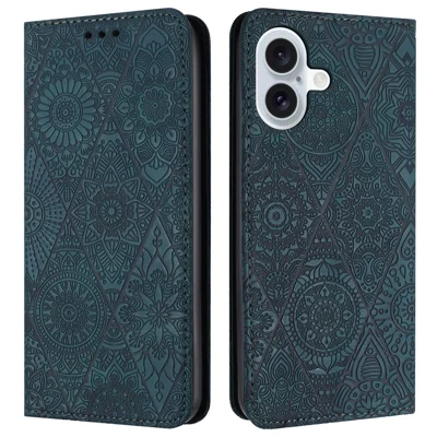 Voor iPhone 16 Hoesje met Gedrukte Bloem Portemonnee Stand Lederen Telefoonhoes - Blauw