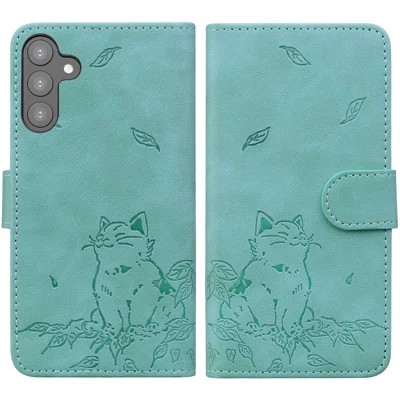 For Samsung Galaxy S24 Case Wallet Cat Pattern Imprinted Leather Phone Cover - Green