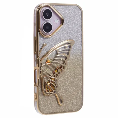 For iPhone 16 Plus Case Quicksand Butterfly TPU-telefoonhoesje met glaslensfolie - Goud