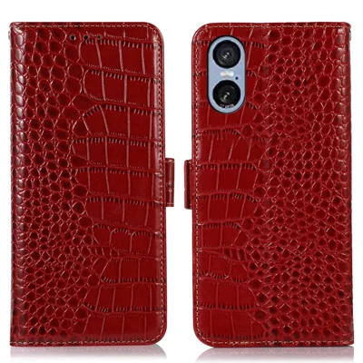 For Sony Xperia 5 VI Case Crocodile Texture Genuine Cow Leather Phone Wallet Cover - Red
