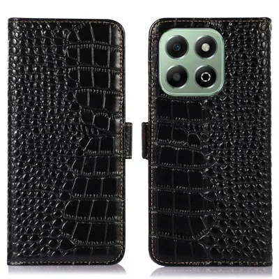 For Honor X6b 4G Case Crocodile Texture Genuine Cow Leather Phone Wallet Cover - Black
