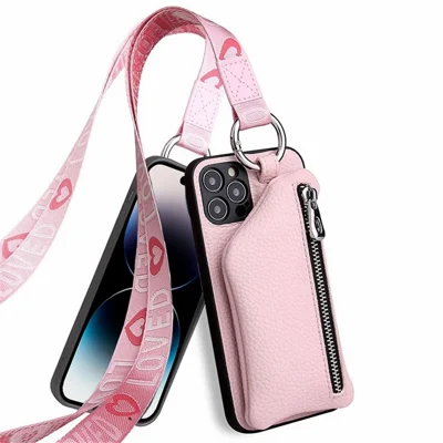Für Iphone 14 Pro Kollisionsbeständige Abnehmbare Brieftasche PU Leder Beschichtete TPU -telefonhülle Reißverschlusspocket -schutzabdeckung Mit Lanyard - Rosa