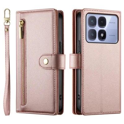 DF-011 For Xiaomi Redmi K70 Ultra Case Zipper Pocket Wallet Leather Phone Cover with Straps - Pink