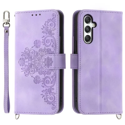For Samsung Galaxy M35 5G Case Flower Pattern PU Leather Wallet Phone Cover with Strap - Light Purple