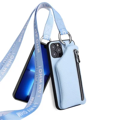 For iPhone 13 Pro Max 6.7 inch Detachable Wallet Drop Proof PU Leather Coated TPU Phone Case Zipper Pocket Protective Cover with Lanyard - Baby Blue