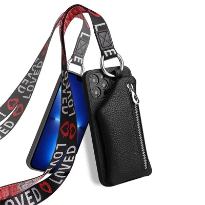 Voor iPhone 13 Pro Max 6,7 inch Afneembare Wallet Stootbestendige PU Leer Gecoate TPU Hoesje met Ritsvak Beschermhoes met Lanyard - Zwart