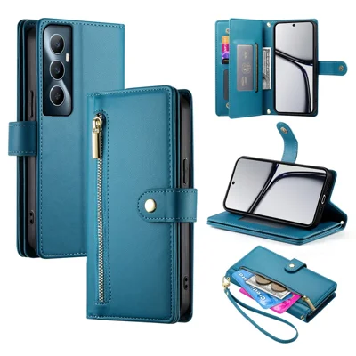 DF-011 For Realme C65 4G Case Zipper Pocket Wallet Leather Phone Cover with Straps - Blue