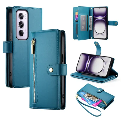 DF-011 For Oppo Reno12 Pro 5G (Global) Case Zipper Pocket Wallet Leather Phone Cover with Straps - Blue