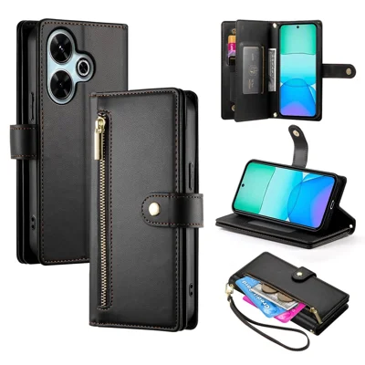 DF-011 For Xiaomi Redmi 13 4G / 13 5G Case Zipper Pocket Wallet Leather Phone Cover with Straps - Black