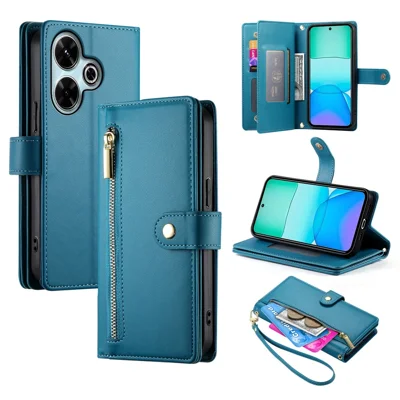 DF-011 For Xiaomi Redmi 13 4G / 13 5G Case Zipper Pocket Wallet Leather Phone Cover with Straps - Blue
