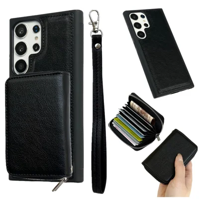 For Samsung Galaxy S24 Ultra Case Detachable Zipper Card Bag PU+TPU Kickstand Phone Case with Strap - Black