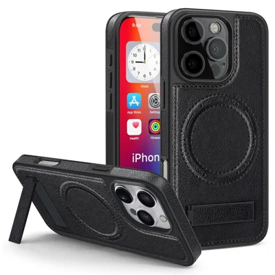 For iPhone 16 Pro Max Case Compatible with MagSafe with Folded Kickstand PC Silicone Leather Phone Back Cover  - Black