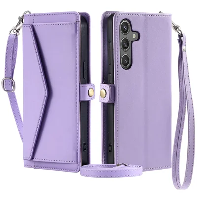 For Samsung Galaxy A55 5G Leather Case Wallet Stand Phone Cover with Straps - Purple