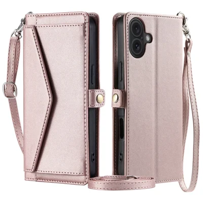 For iPhone 16 Plus Leather Case Wallet Stand Phone Cover with Straps - Rose Gold