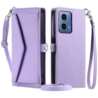 For Motorola Moto G45 5G / G34 5G Leather Case Wallet Stand Phone Cover with Straps - Purple