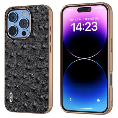 ABEEL For iPhone 16 Pro Max Case Electroplating Edge Ostrich Texture Genuine Cow Leather Back Cover - Black