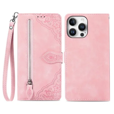 For iPhone 16 Pro Max Zipper Wallet Case with Strap Flower Imprint PU Leather Phone Cover - Pink