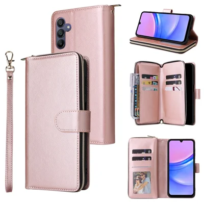For Samsung Galaxy A16 5G / A16 4G Case Zipper Pocket PU Leather Phone Cover with Hand Strap - Rose Gold