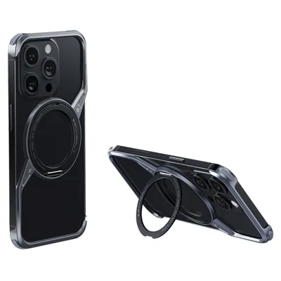 For iPhone 14 Pro Bumper Phone Case Rotary Ring Kickstand Aluminium Alloy S-Shape Magnetic Cover - Grey