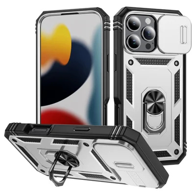 For iPhone 16 Pro Max Case Sliding Camera Cover Ring Kickstand PC+TPU Phone Shell - White+Black